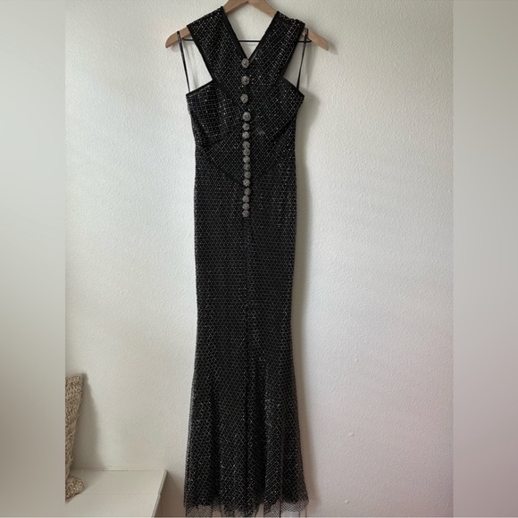 SELF PORTRAIT Black Rhinestone Fishnet Crossover Midi Dress US 6 - Picture 4 of 8